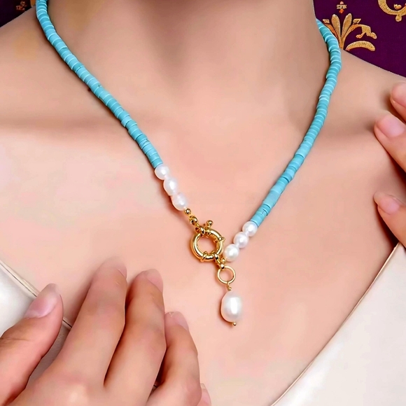 🆕Turquoise & Freshwater Pearls Beaded Necklace | 14K Gold Accents | Trendy Chic - Picture 1 of 13